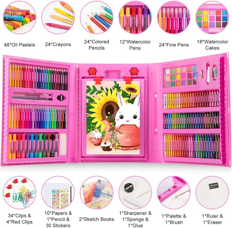 Vigorfun Art Supplies, 240-Piece Drawing Art Kit, Gifts for Kids Girls Boys Teens, Art Set Crafts Case with Double Sided Trifold Easel, Includes Sketch Pads, Crayons, Colored Pencils (Pink) - Image 2